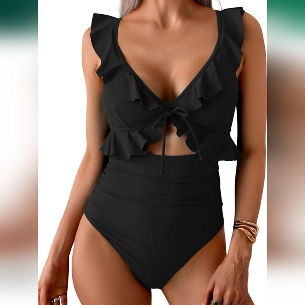 Black Ruffled One Piece Swimsuit